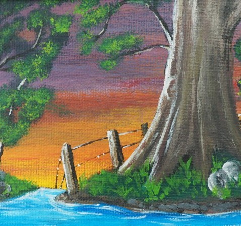 Colour painting of a tree trunk, fence and stream in the sunset 