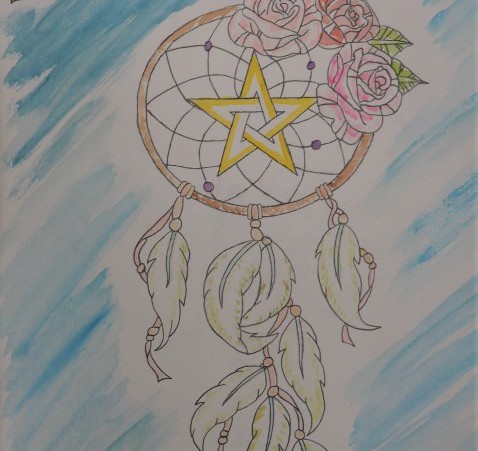Drawing of a dream-catcher with roses and a star