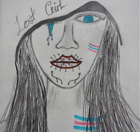 Black and white drawing of a girl's face, with blue and pink stripes on her neck and cheek
