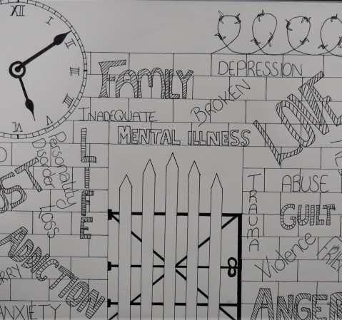 Black and white drawing of a brick wall with a gate in the middle, with a clock at the top left corner of the page and text