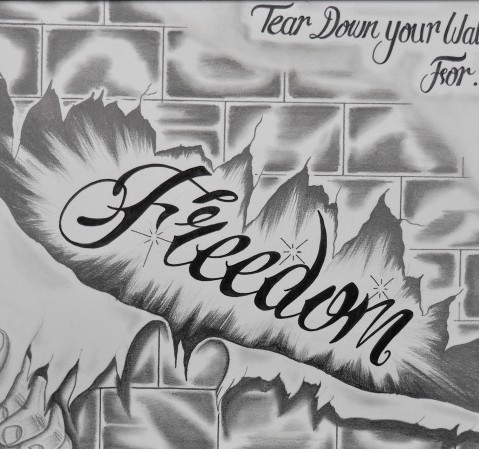 Black and white drawing of a brick wall with the word Freedom