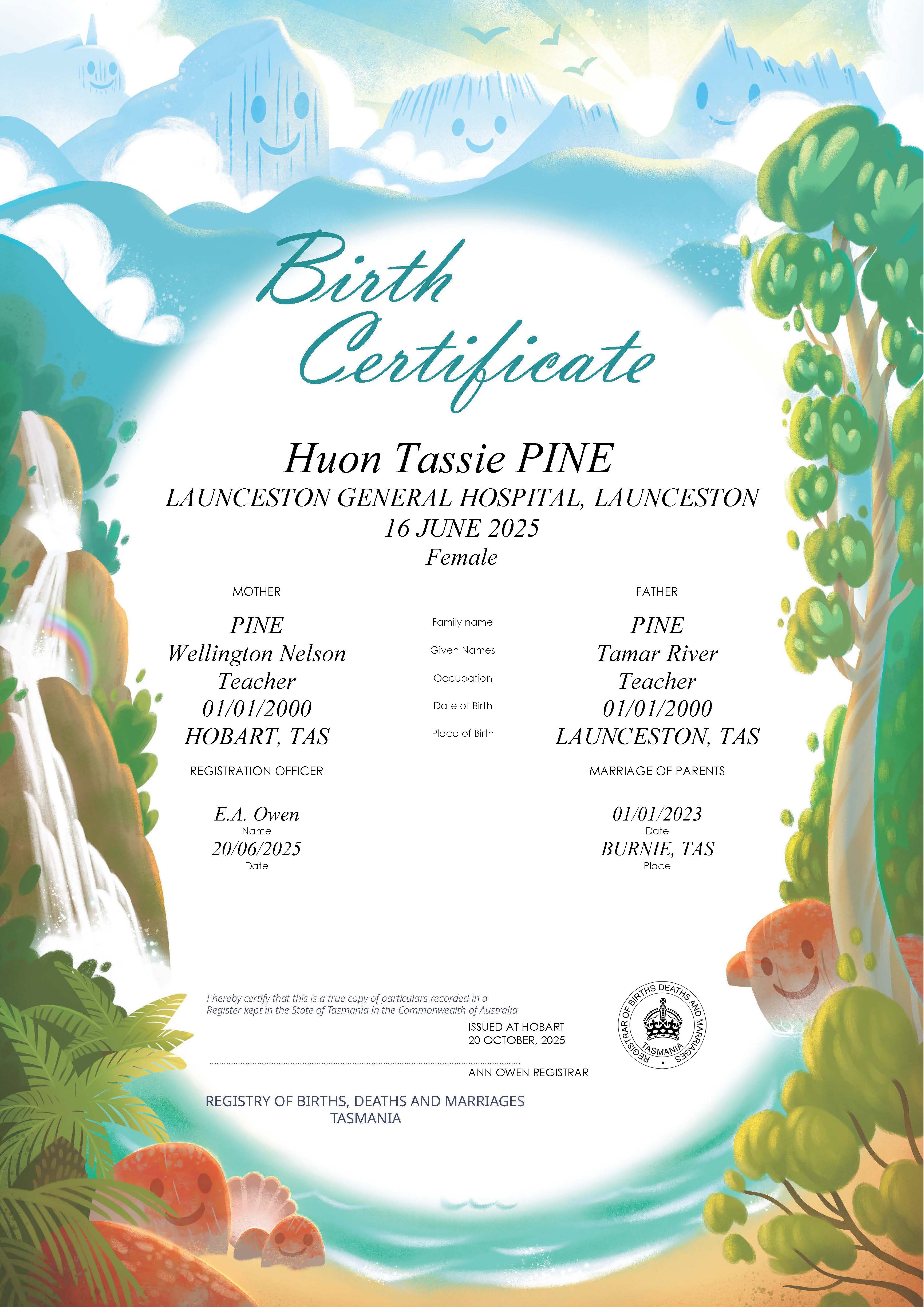 Decorative Birth Certificate of the beach, trees and mountains.  The mountains have happy little faces.