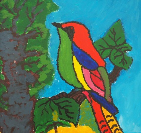 Colour painting of a red and green parrot sitting in a tree