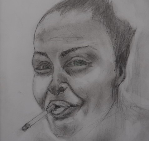 Black and white drawing of a woman smoking