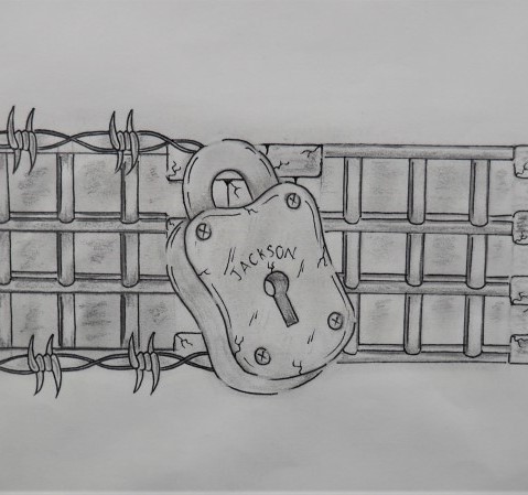 Black and white drawing of a padlock on a gate with barbed wire