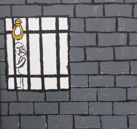 A grey brick wall, with a barred window showing a figure and yellow noose