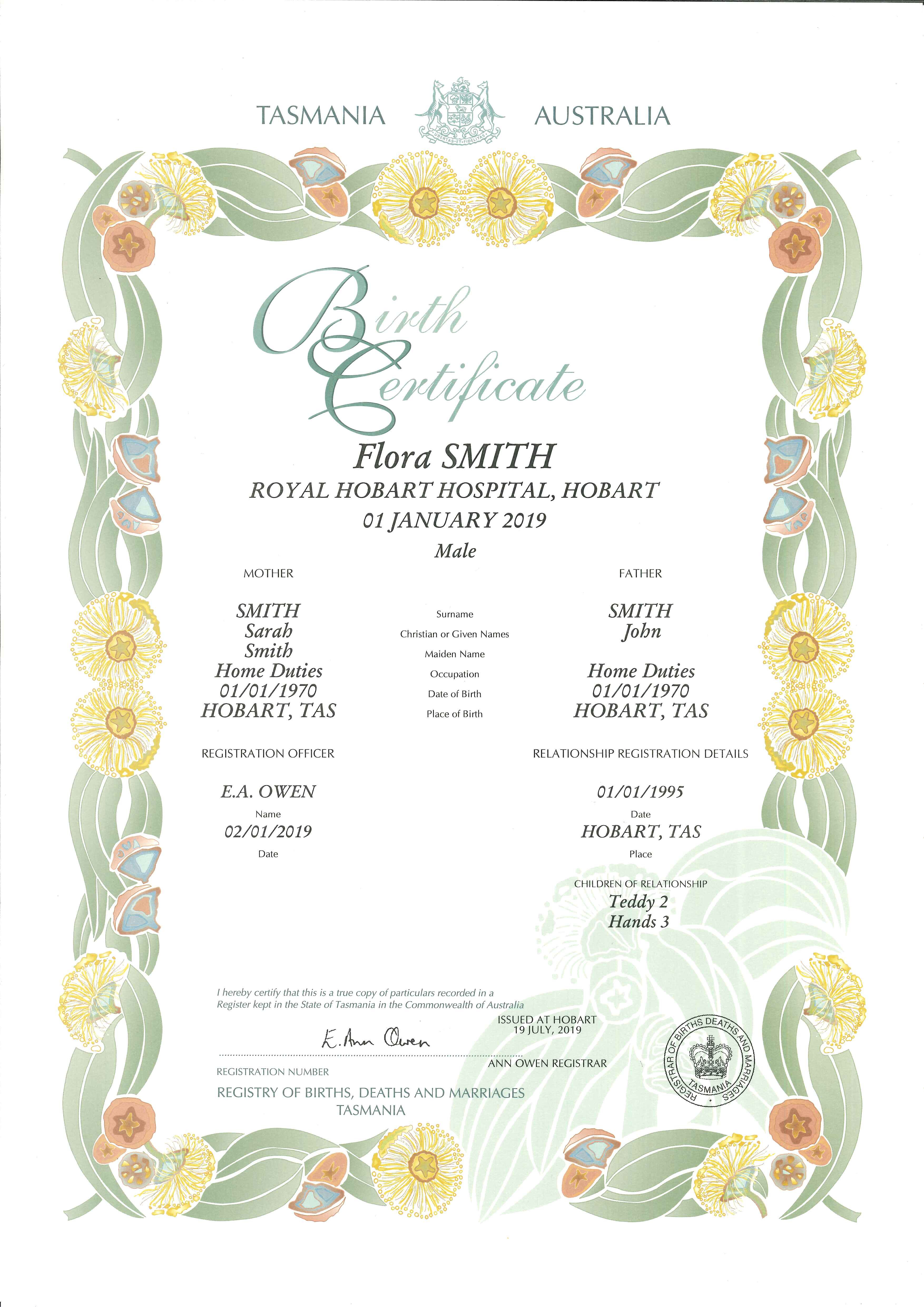 Decorative Birth Certificate. Design consists of a border of Tasmanian native floras, including eucalyptus leaves and gum nuts, in shades of green, gold and brown