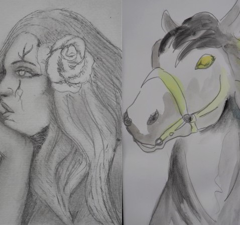 Drawing of a woman and a horse
