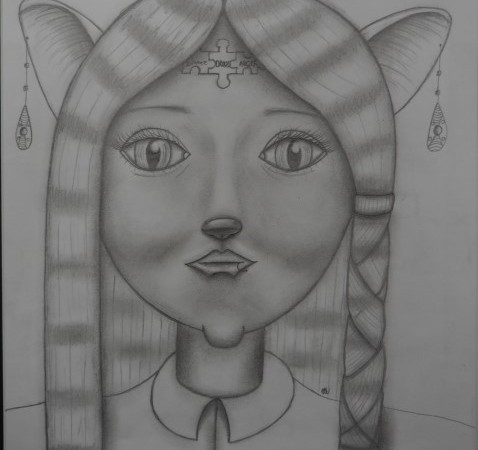 Black and white drawing of a cat-girl's face