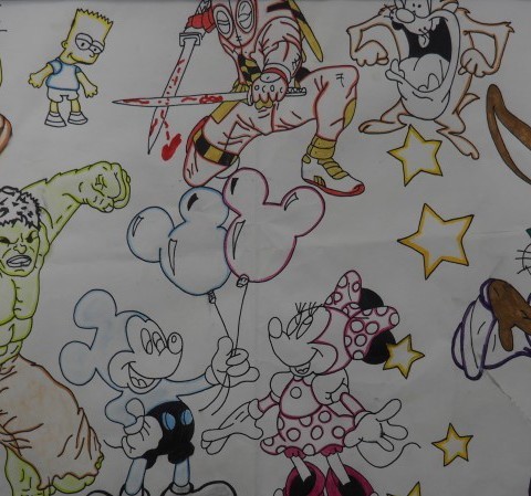 Colour drawing of cartoon characters