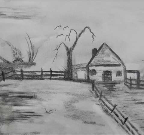 Black and white drawing of a house and a leafless tree, beside a fence and aa road
