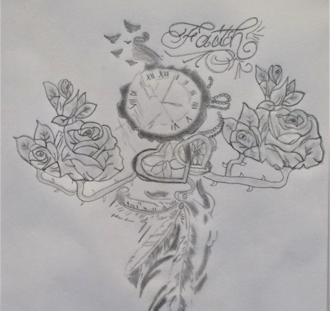 Black and white drawing of a clock and roses