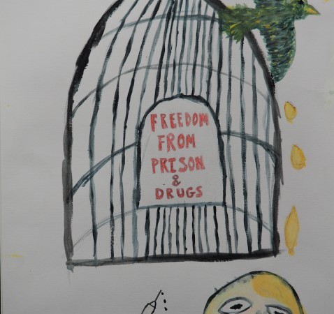 Black birdcage on a white background, with the words 'Freedom from Prison and Drugs' in red, and a figure below