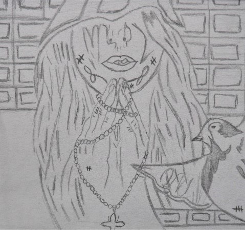 Black and white drawing of a girl and a dove in front of a brick wall