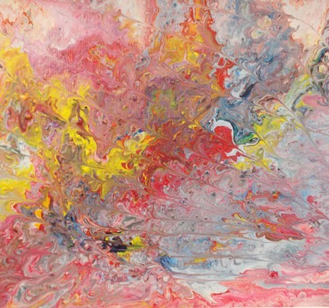 Abstract painting in red, yellow, blue and white