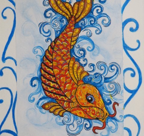 An orange fish with curls of blue water
