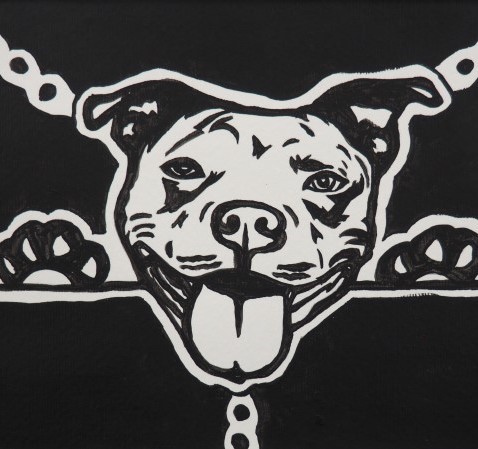 Black and white painting of a dog's face, with chains, on a black background