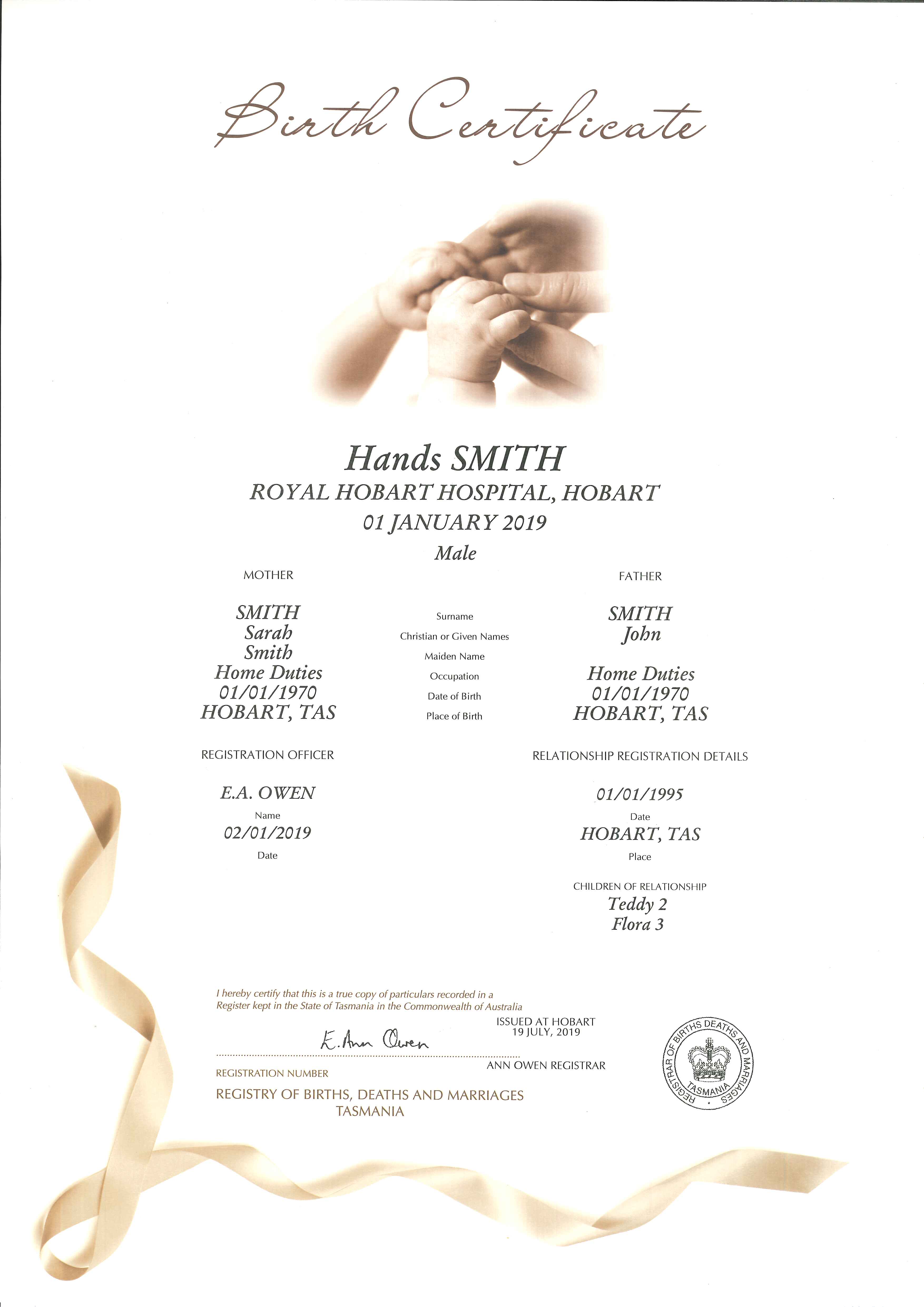 Decorative Birth Certificate. At the top of the page is an image of a parents hand holding a baby's hand in shades of sepia browns. At the bottom of the page is a ribbon that wraps from the bottom of the page to half way up the left hand side of the page. The ribbon is in shades of brown to match the hands image.
