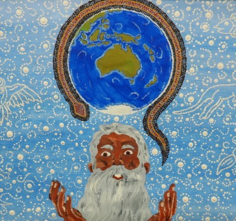 A bearded man standing under a globe of the world, with a snake curled around it, against a blue background with yellow outlines of constellations