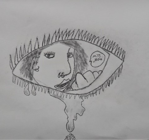 Black and white drawing of an eye with tears flowing, and a woman's face in the middle of the eye