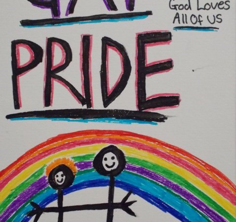 Poster with a rainbow, two stick figures and the words Gay Pride, on a white background