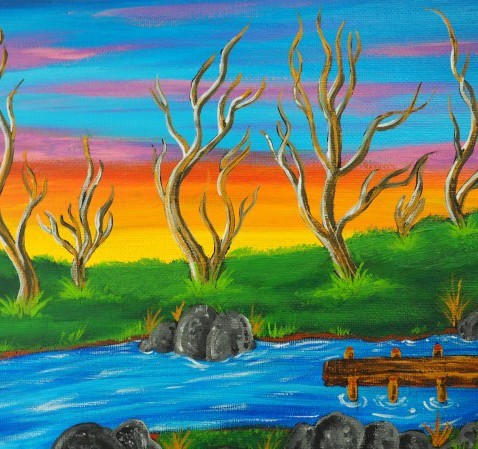 Colour painting of leafless trees on a river bank at sunset