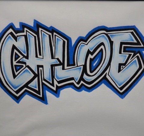 The word Chloe spray-painted in blue tones on a white background