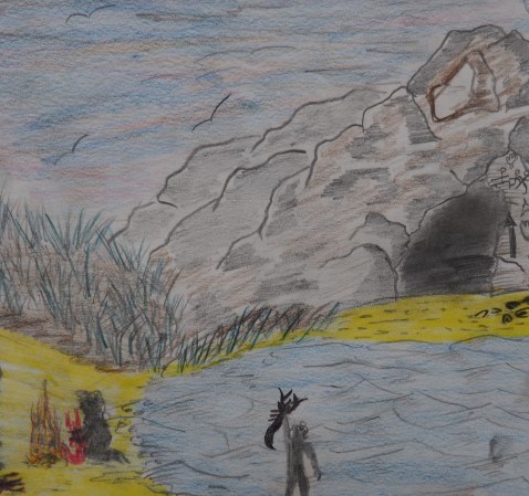 Colour drawing of a man fishing at a pool of water, in front of a cave in a grey mountain