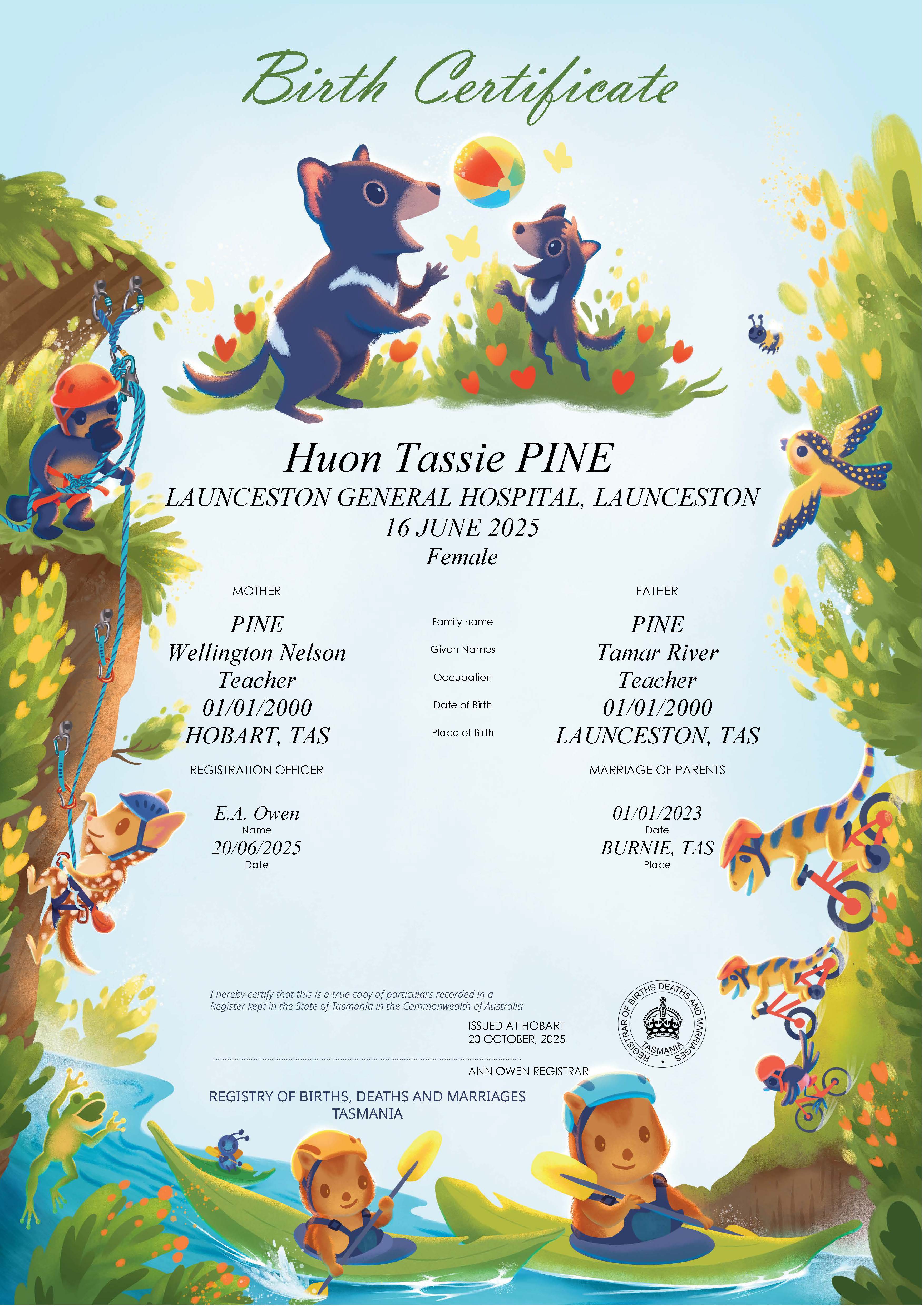Decorative Birth Certificate Animals enjoying recreational activities