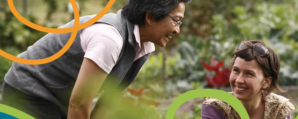 Two people working together in a garden surrounded by greenery, with colorful graphic lines overlaid.