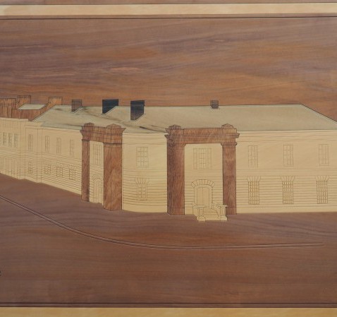 Colour painting of Parliament House on bare soil