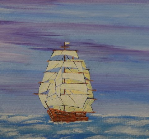 A sailing ship on a blue ocean, against a purple and blue sky