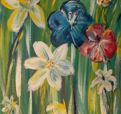 Painting of flowers growing among green grass