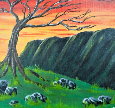 Colour painting of sheep grazing under a tree near an escarpment, in the sunset