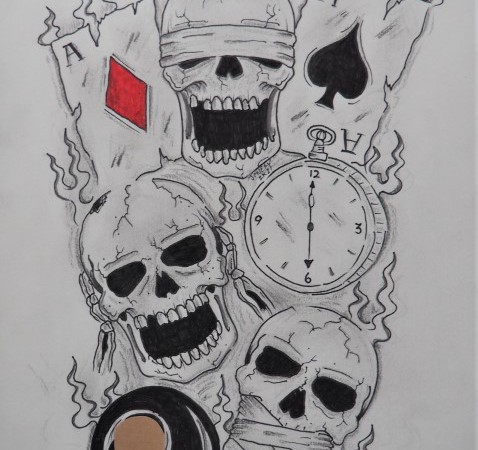 Three black and white skulls, with playing cards and a stop watch