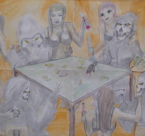 Colour drawing of four death figures around a table, and two women