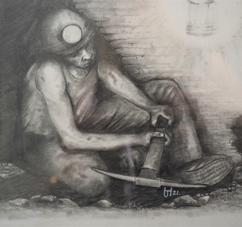 Black and white drawing of a seated miner holding a pick, with light shining from a lamp on the wall