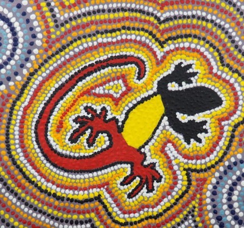 Dot painting of a lizard in red, black and yellow