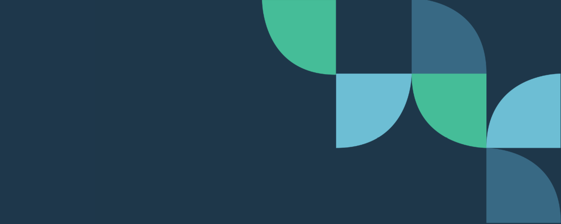 A navy blue background with rounded geometrical shapes in shades of blue and green located in the top-right corner.