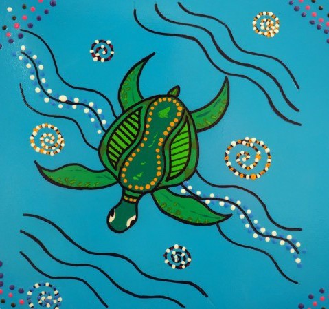 Dot painting of a green turtle swimming in blue water